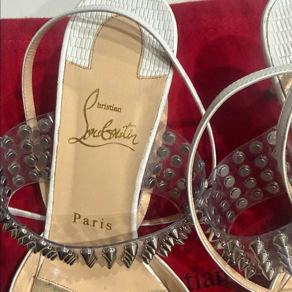Christian Louboutin White and Silver Studded Heels - Picture 5 of 9